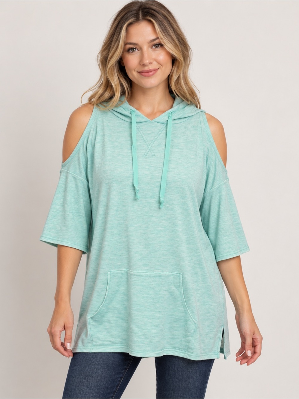 Super soft cold shoulder casualcore hooded sweatshirt short sleeves athleisure